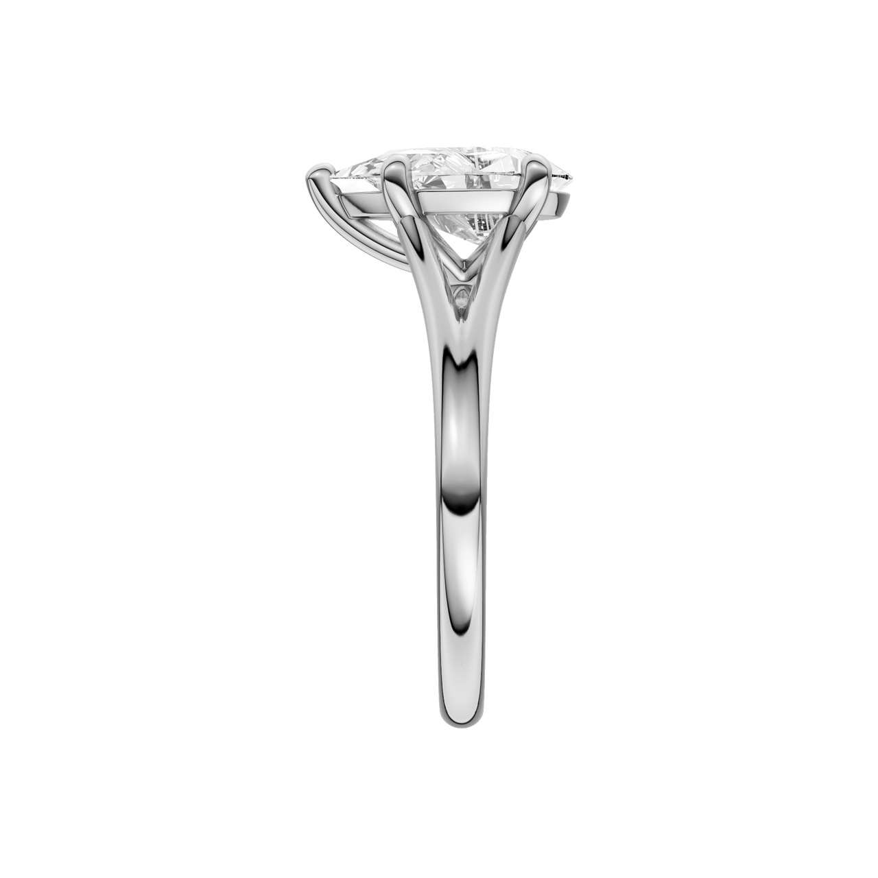A side view of the Pear cut diamond engagement ring in 14k white gold with a plain band and split setting