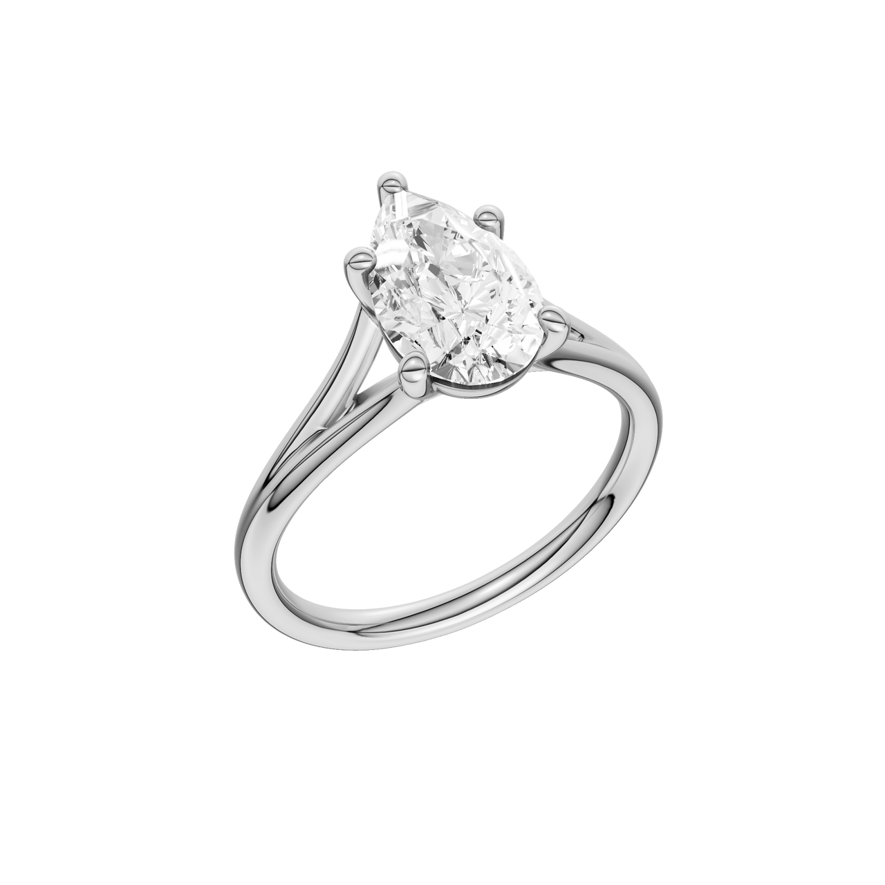 A profile view of the Pear cut diamond engagement ring in 14k white gold with a plain band and split setting