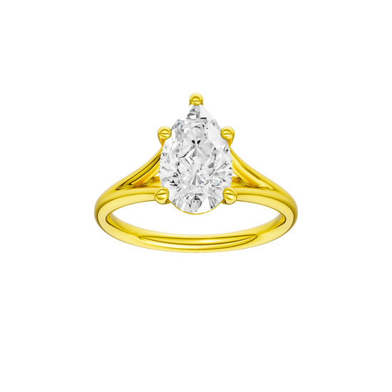 A front view of the Pear cut diamond engagement ring in 14k yellow gold with a plain band and split setting