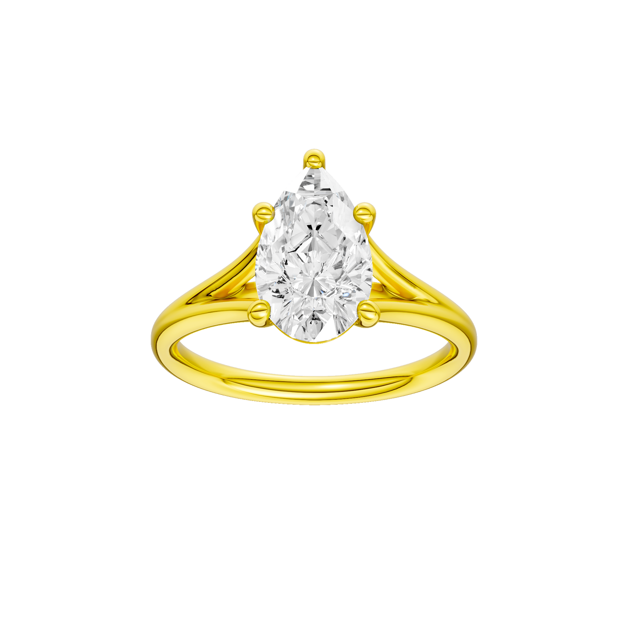 A front view of the Pear cut diamond engagement ring in 14k yellow gold with a plain band and split setting
