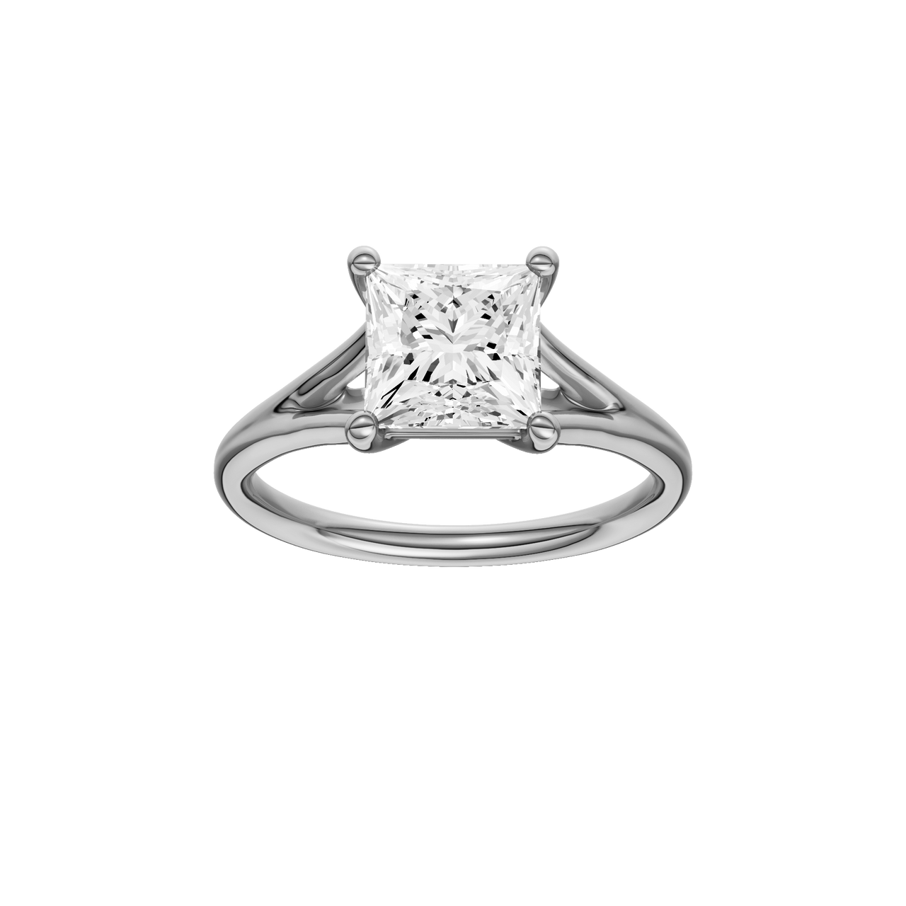 A front view of the Princess cut diamond engagement ring in 14k white gold with a plain band and solitaire setting