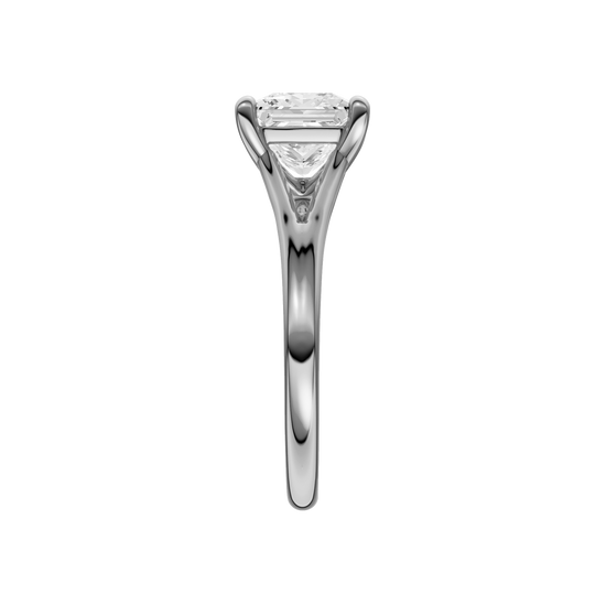 A side view of the Princess cut diamond engagement ring in 14k white gold with a plain band and solitaire setting