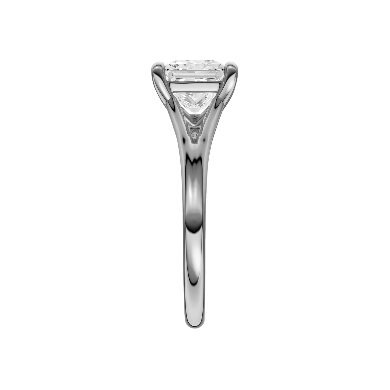 A side view of the Princess cut diamond engagement ring in 14k white gold with a plain band and solitaire setting