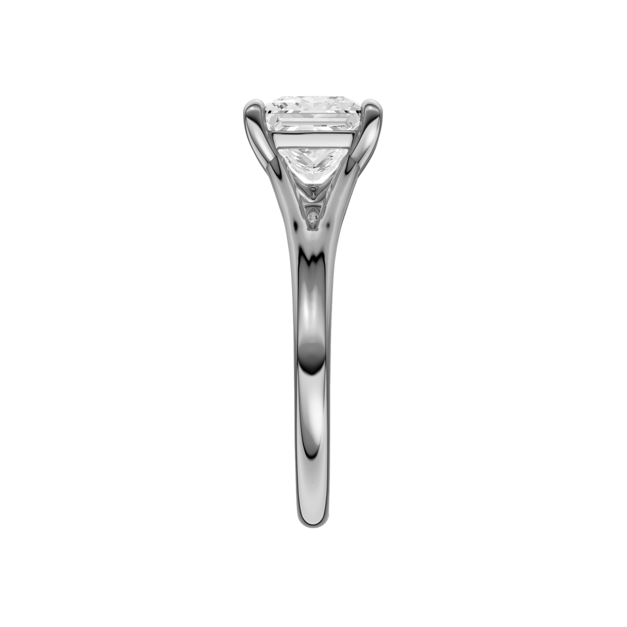 A side view of the Princess cut diamond engagement ring in 14k white gold with a plain band and solitaire setting