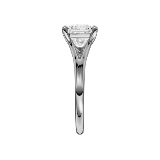 A side view of the Princess cut diamond engagement ring in 14k white gold with a plain band and solitaire setting