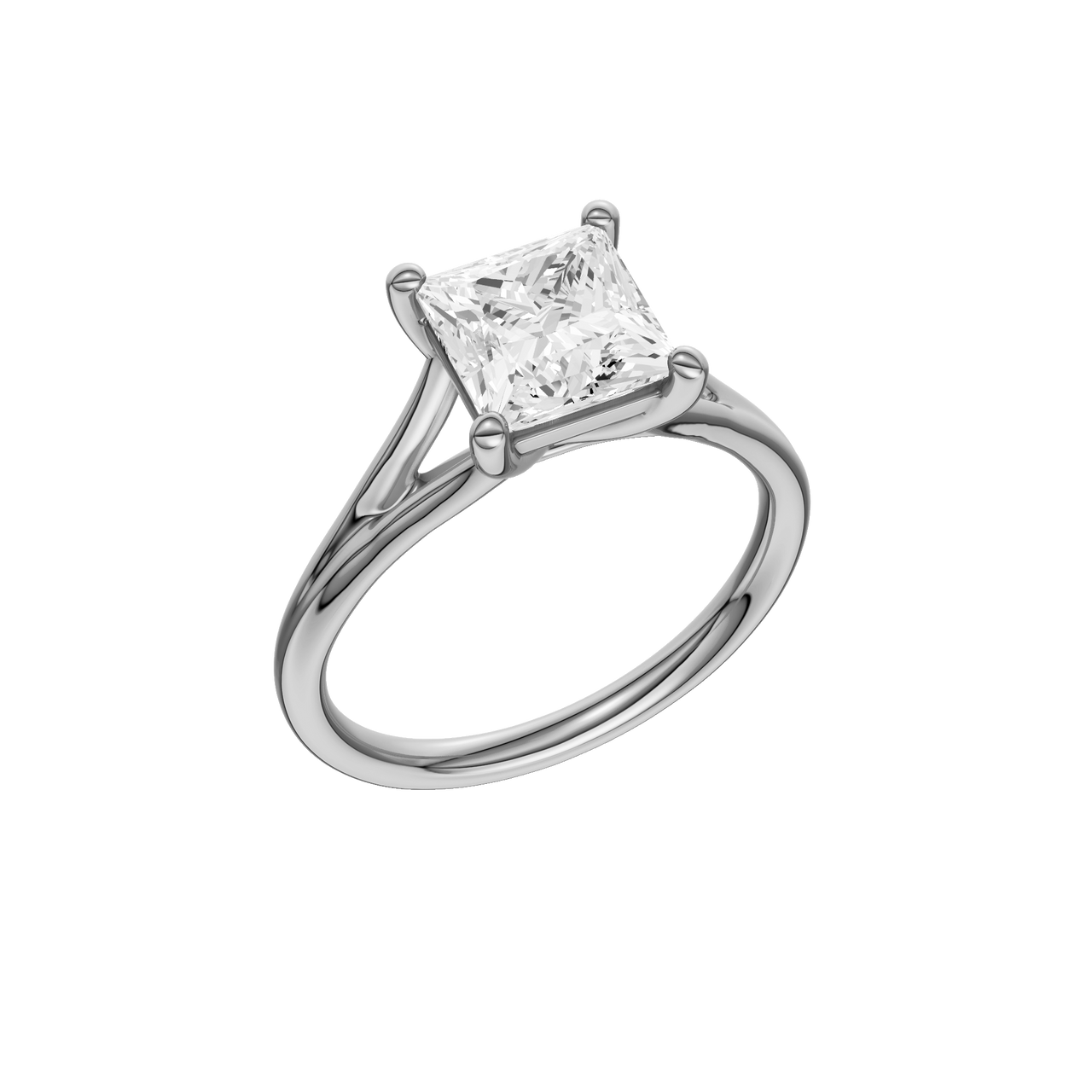 A three-quarter view of the Princess cut diamond engagement ring in 14k white gold with a plain band and solitaire setting