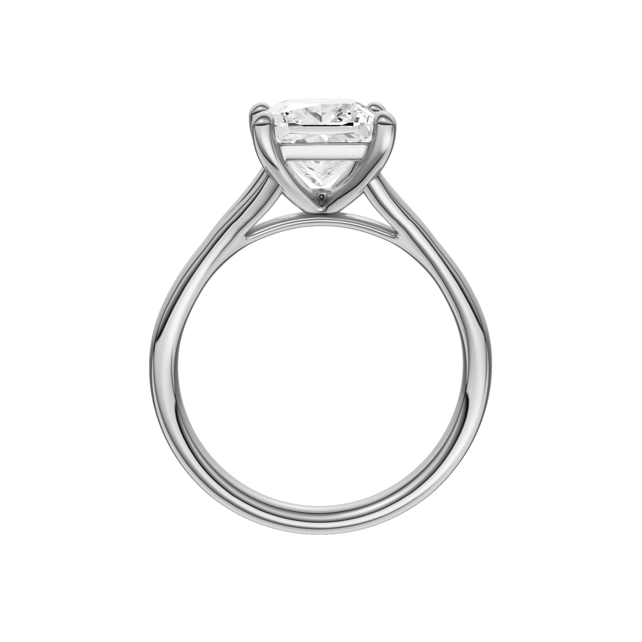 A profile view of the Princess cut diamond engagement ring in 14k white gold with a plain band and solitaire setting