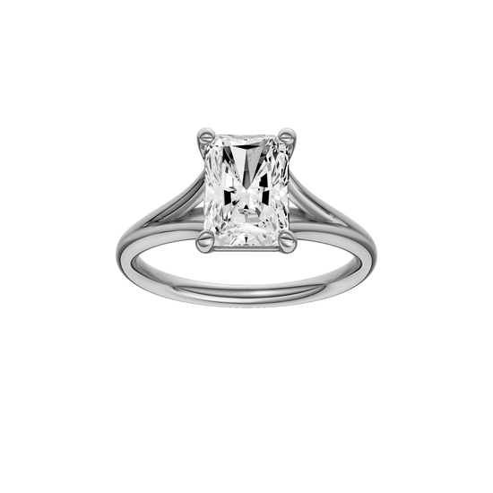 A front view of the Radiant cut diamond engagement ring in 14k white gold with a plain band and split setting