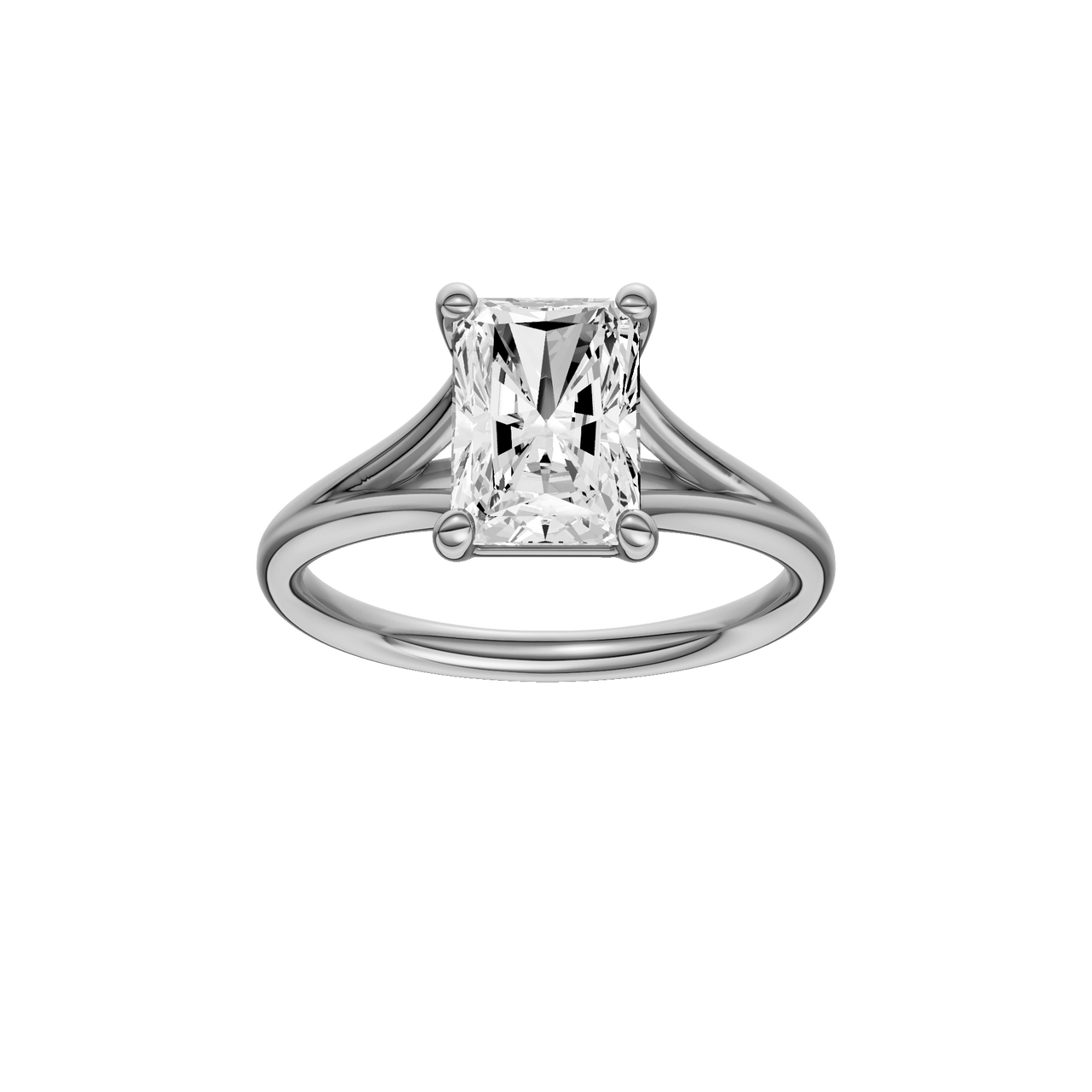 A front view of the Radiant cut diamond engagement ring in 14k white gold with a plain band and split setting