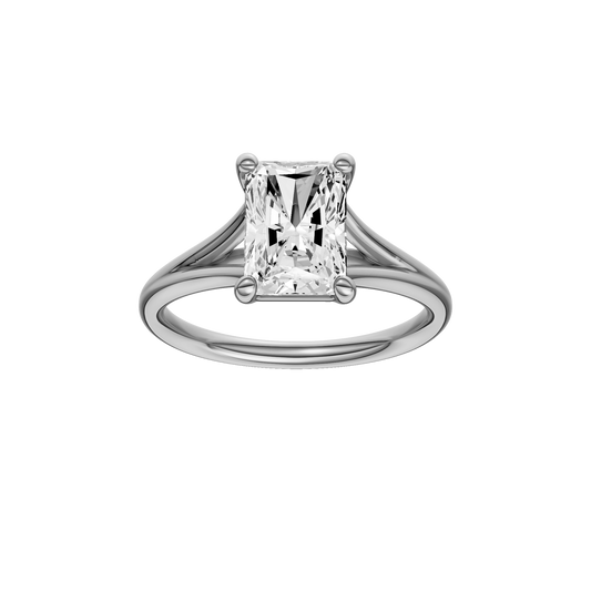 A front view of the Radiant cut diamond engagement ring in 14k white gold with a plain band and split setting