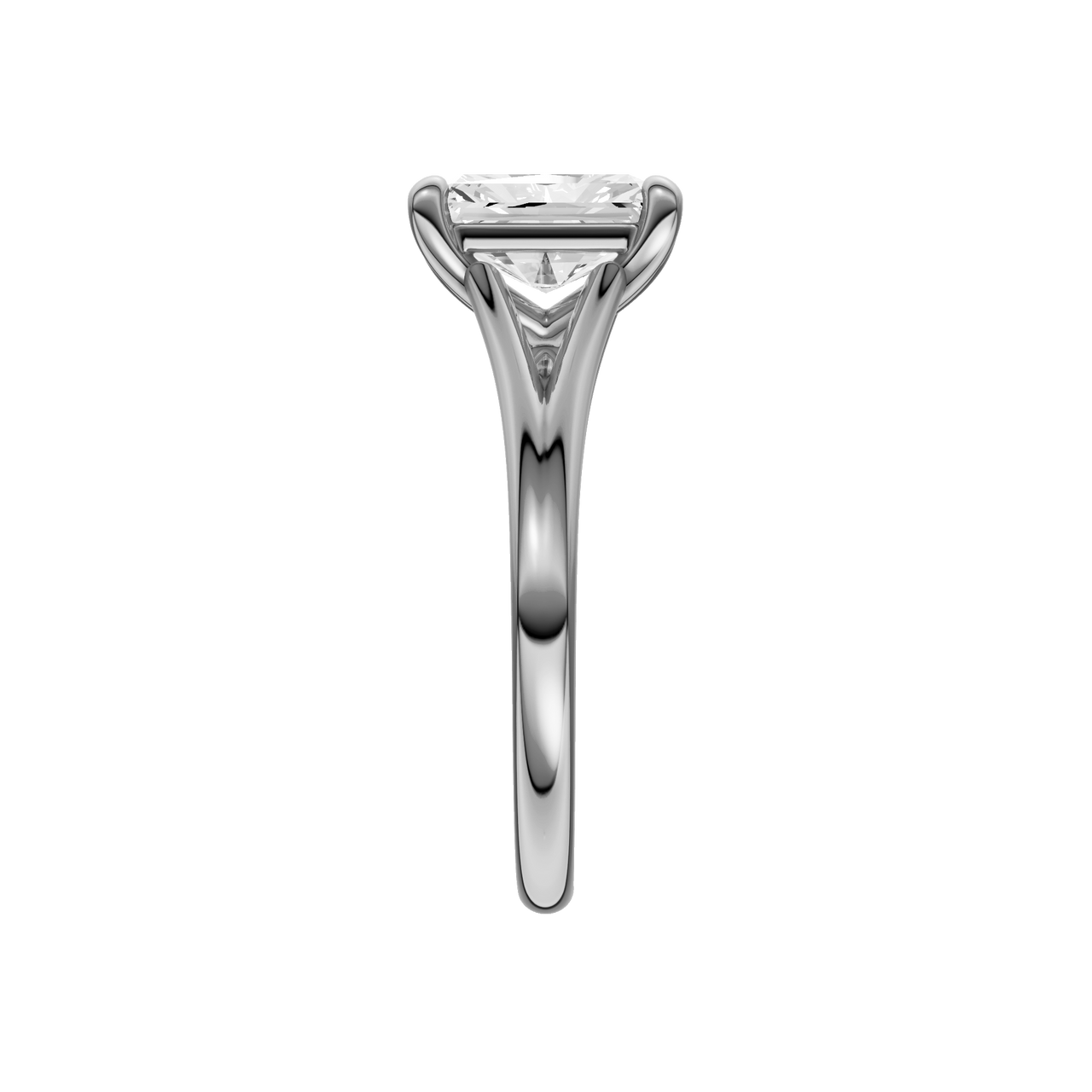 A side view of the Radiant cut diamond engagement ring in platinum with a plain band and split setting