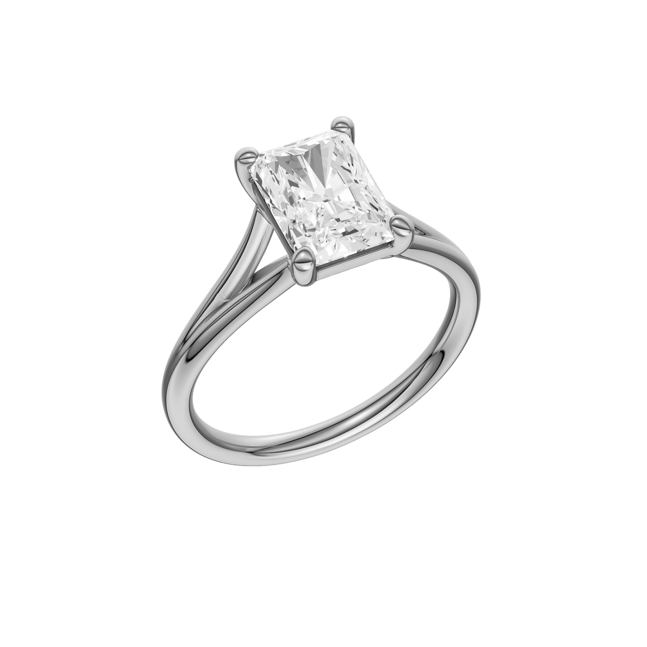 A three-quarter view of the Radiant cut diamond engagement ring in 14k white gold with a plain band and split setting