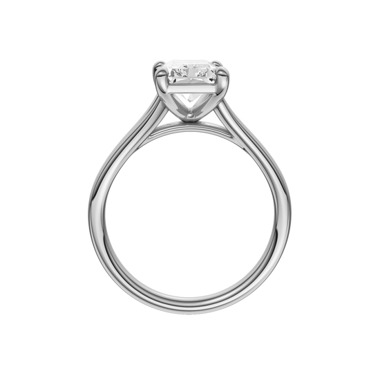 A profile view of the Radiant cut diamond engagement ring in platinum with a plain band and split setting