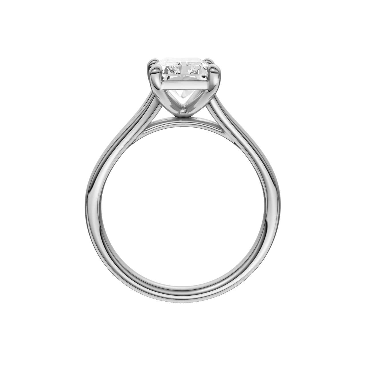 A profile view of the Radiant cut diamond engagement ring in platinum with a plain band and split setting