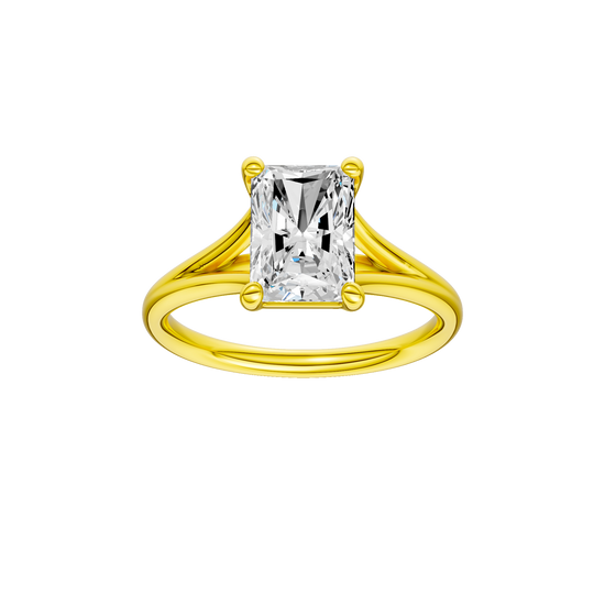 A front view of the Radiant cut diamond engagement ring in 14k yellow gold with a plain band and split setting