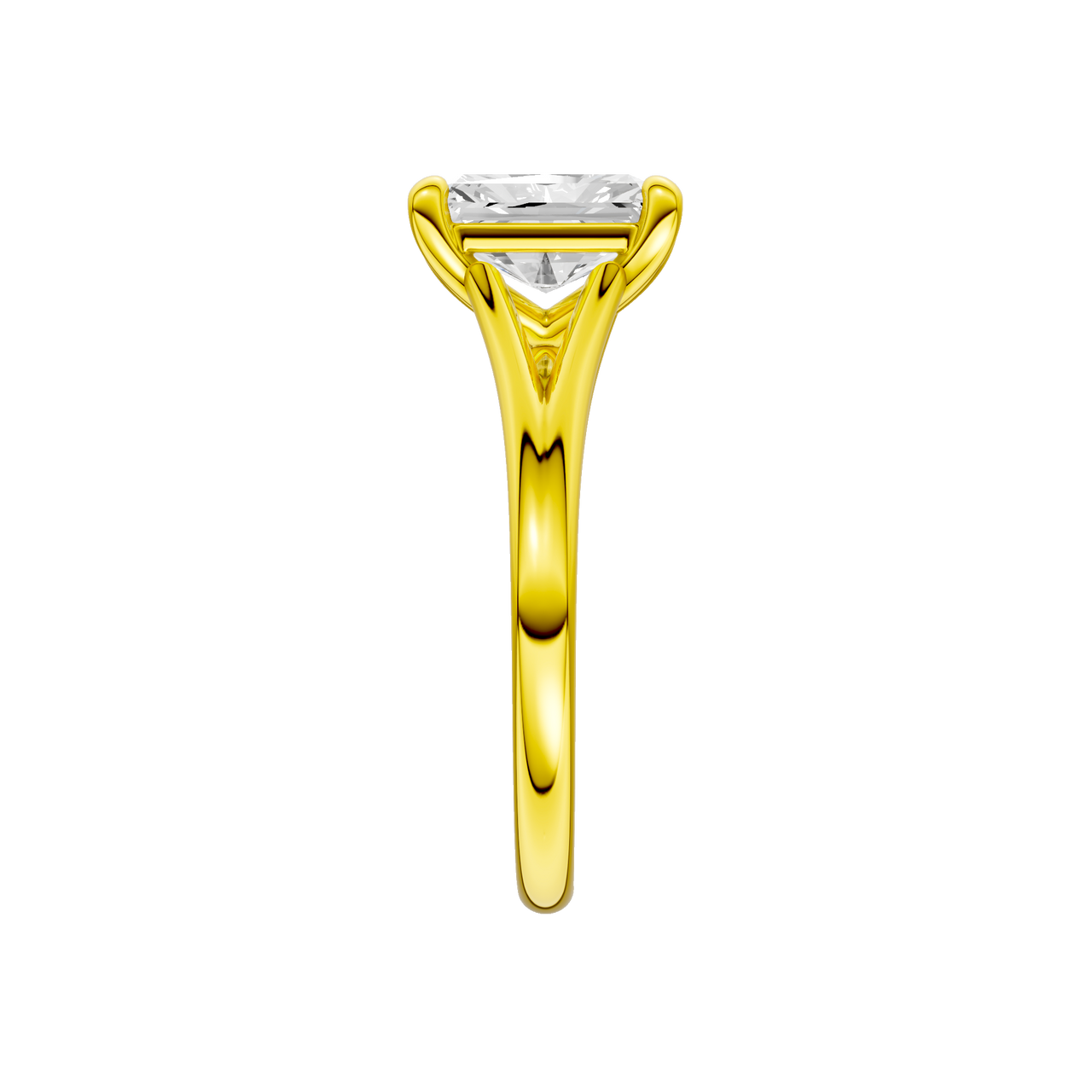A side view of the Radiant cut diamond engagement ring in 14k yellow gold with a plain band and split setting