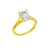 A three-quarter view of the Radiant cut diamond engagement ring in 14k yellow gold with a plain band and split setting