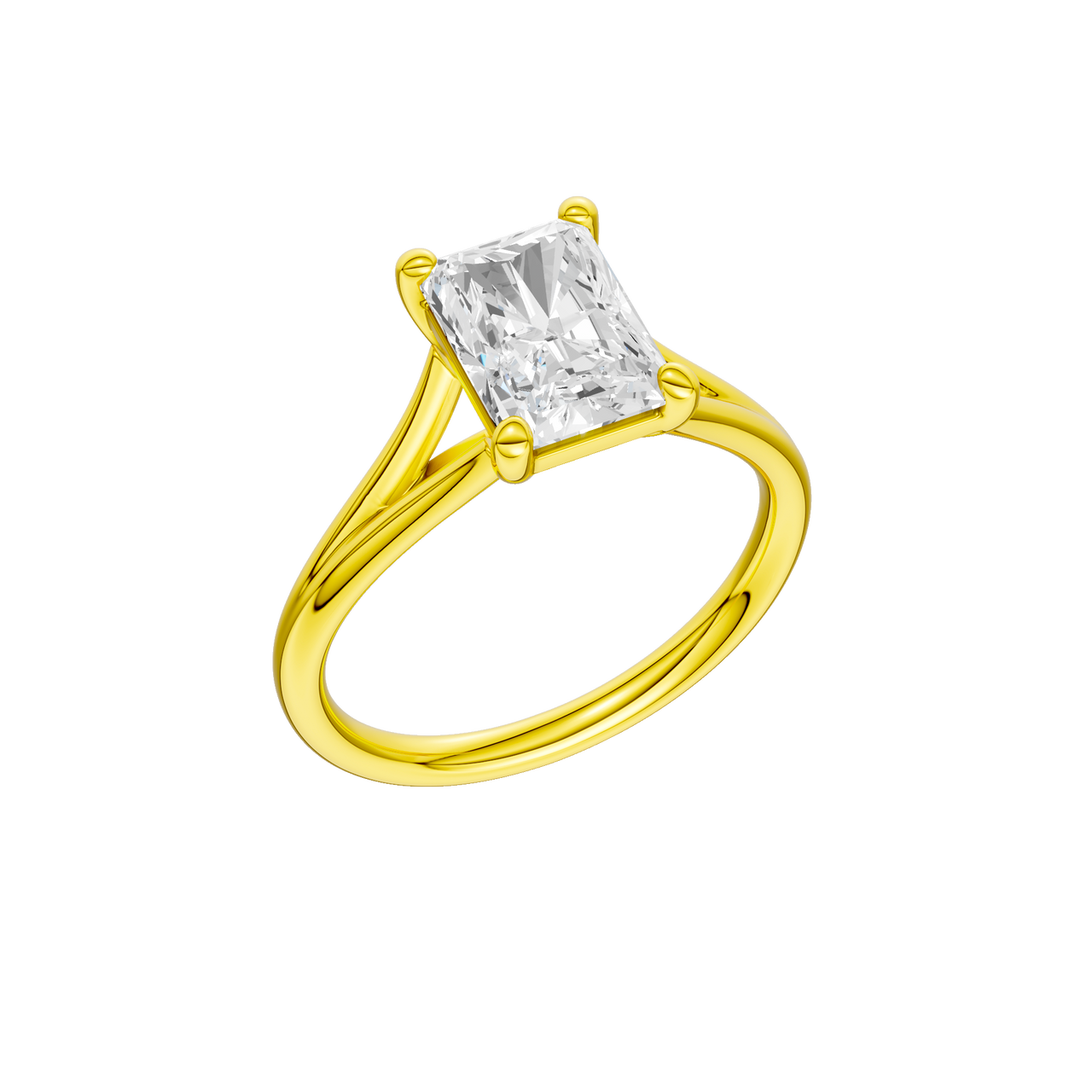 A three-quarter view of the Radiant cut diamond engagement ring in 14k yellow gold with a plain band and split setting
