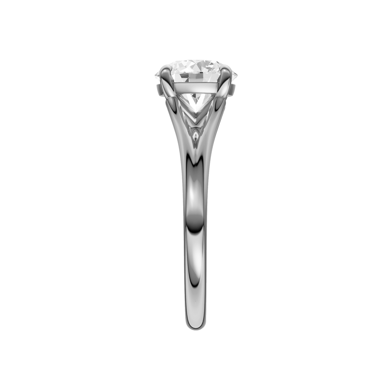 A side view of the Round cut diamond engagement ring in platinum with a plain band and solitaire setting