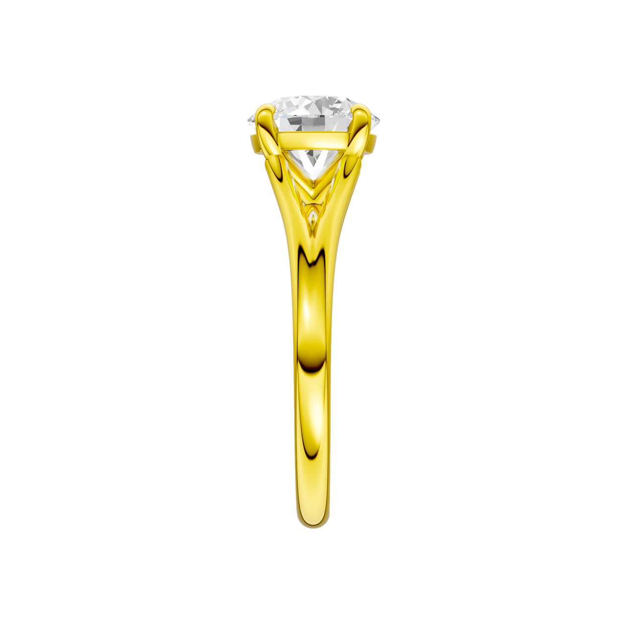 A side view of the Round cut diamond engagement ring in 14k yellow gold with a plain band and solitaire setting