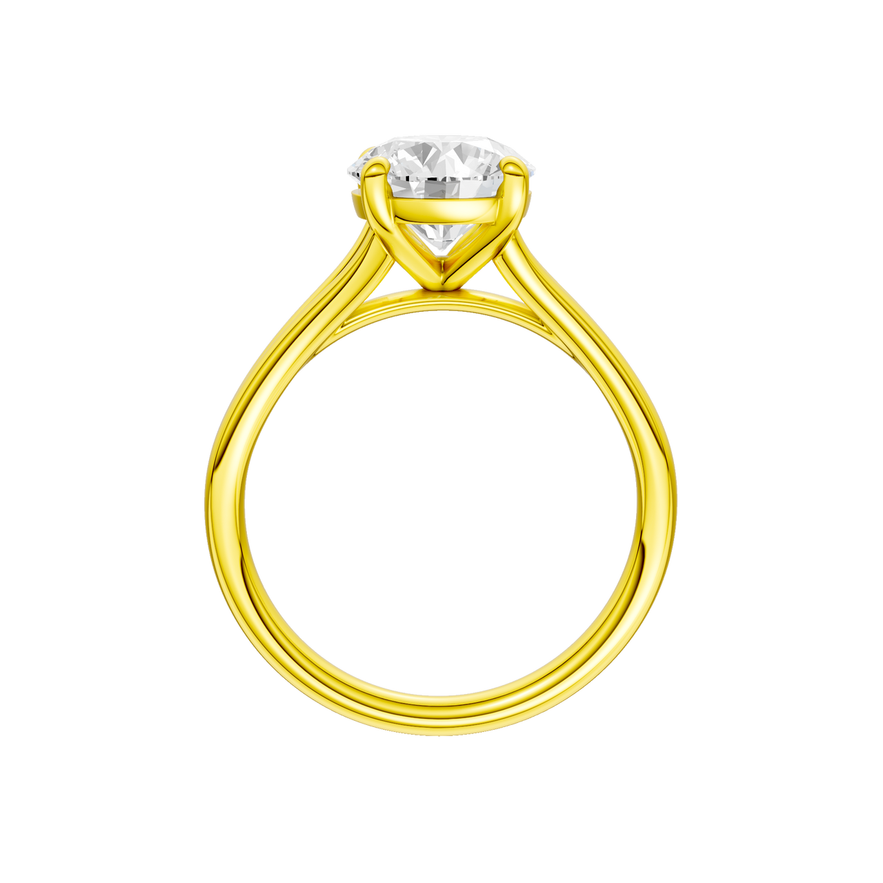 A profile view of the Round cut diamond engagement ring in 14k yellow gold with a plain band and solitaire setting