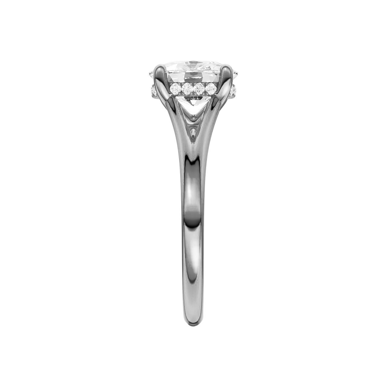 A side view of the Elongated Cushion cut diamond engagement ring in 14k white gold with a plain band and hidden halo setting