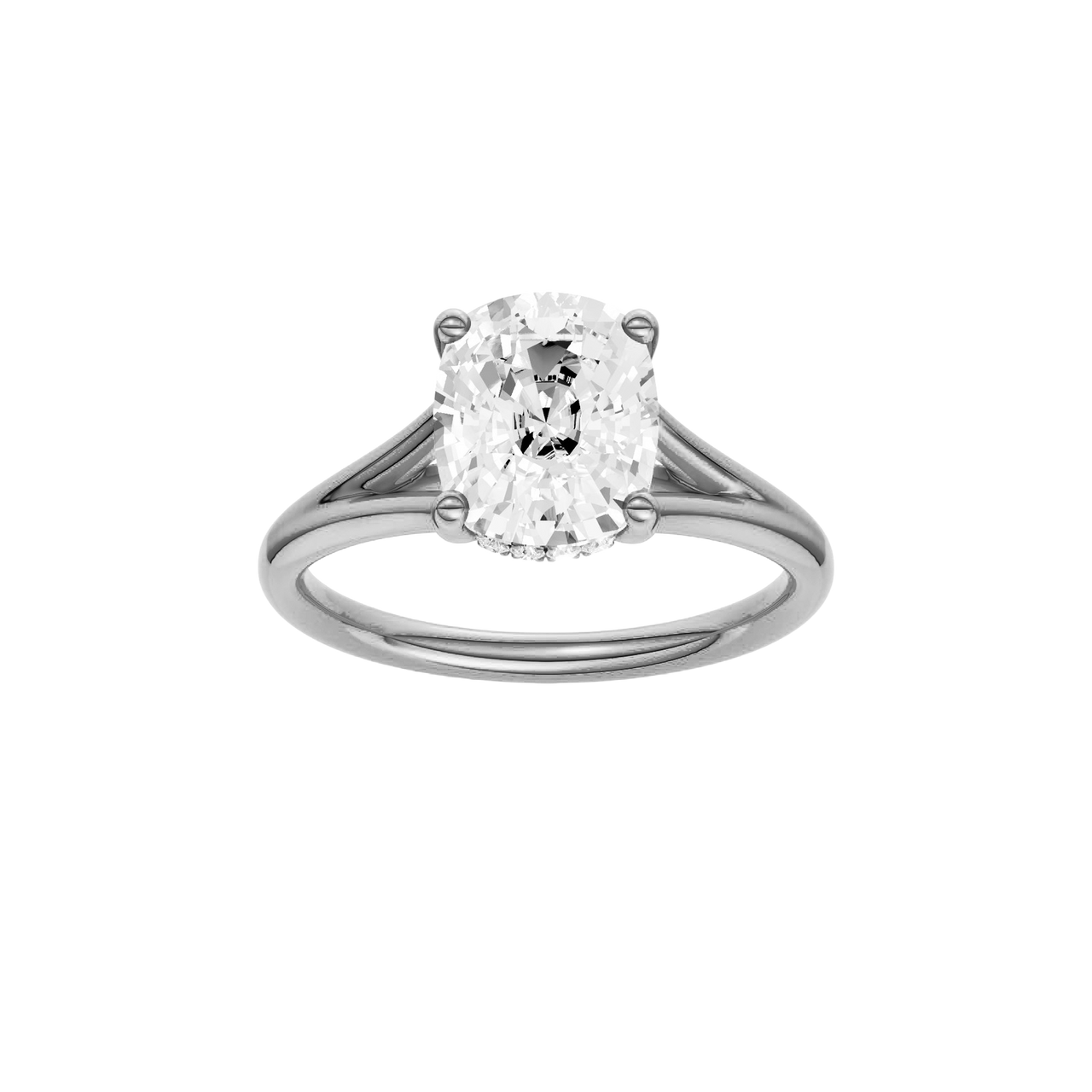 A front view of the Elongated Cushion cut diamond engagement ring in 14k white gold with a plain band and hidden halo setting