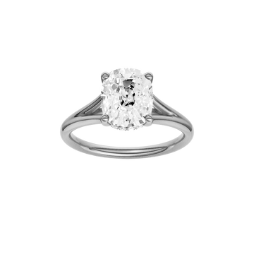 A front view of the Elongated Cushion cut diamond engagement ring in 14k white gold with a plain band and hidden halo setting