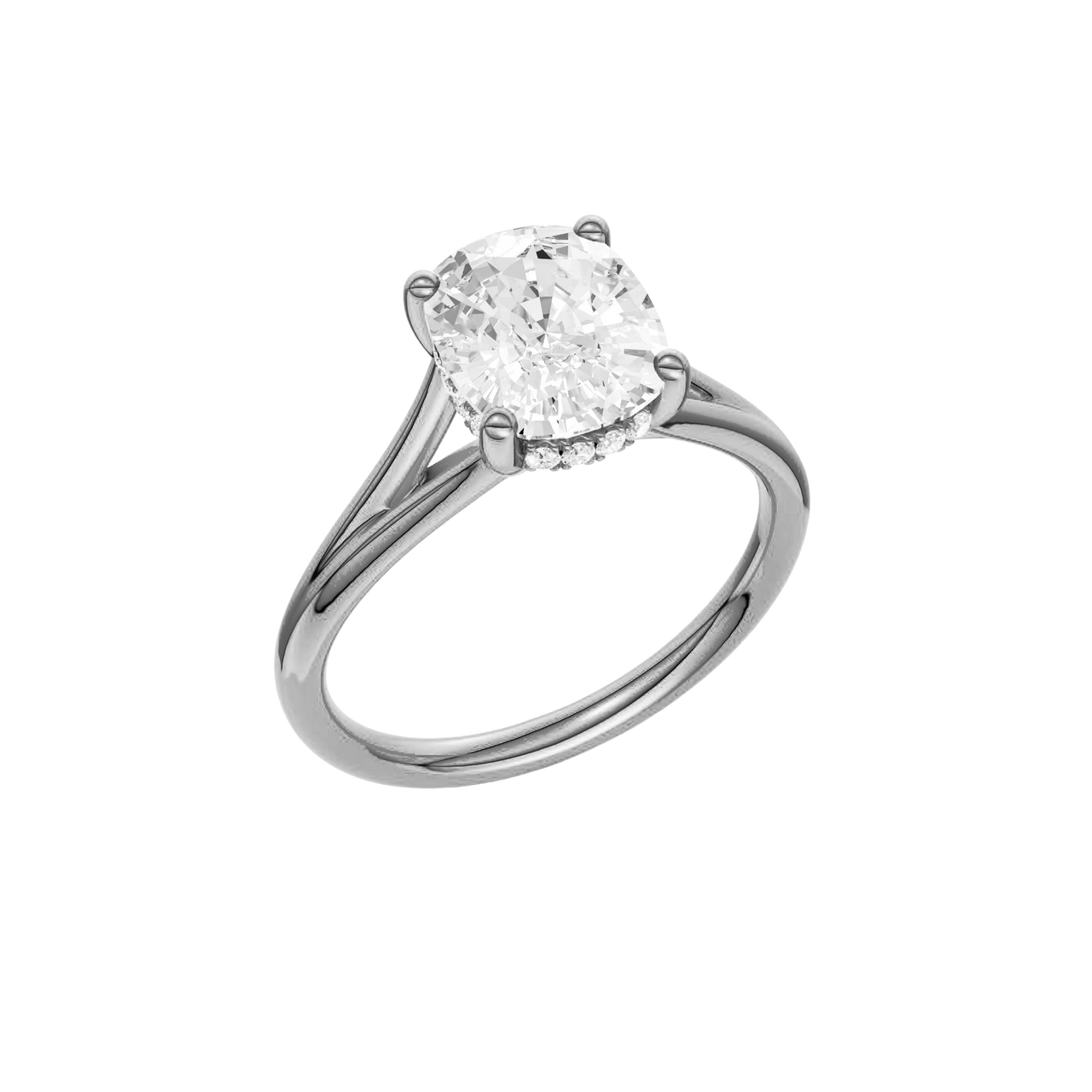 A three-quarter view of the Elongated Cushion cut diamond engagement ring in 14k white gold with a plain band and hidden halo setting