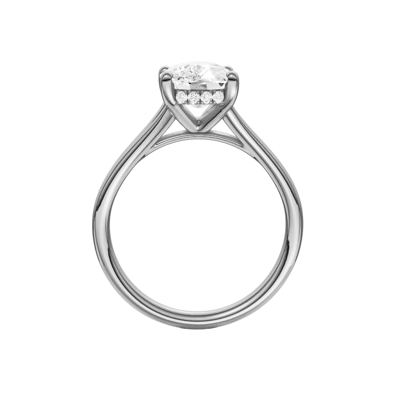 A profile view of the Elongated Cushion cut diamond engagement ring in platinum with a plain band and hidden halo setting