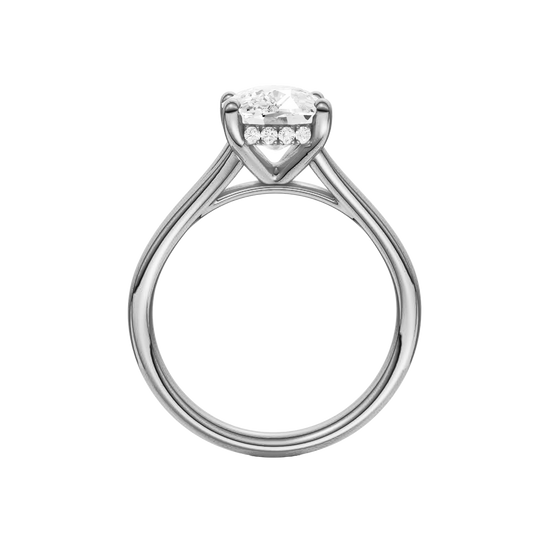 A profile view of the Elongated Cushion cut diamond engagement ring in 14k white gold with a plain band and hidden halo setting