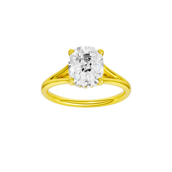 A front view of the Elongated Cushion cut diamond engagement ring in 14k yellow gold with a plain band and hidden halo setting