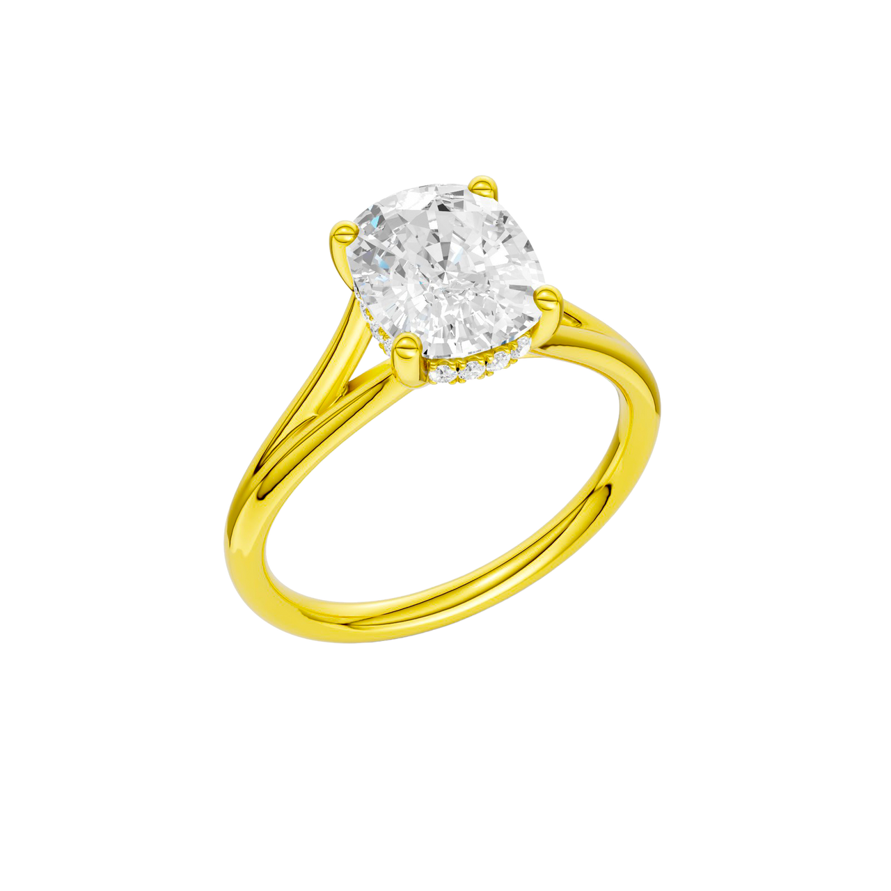 A three-quarter view of the Elongated Cushion cut diamond engagement ring in 14k yellow gold with a plain band and hidden halo setting