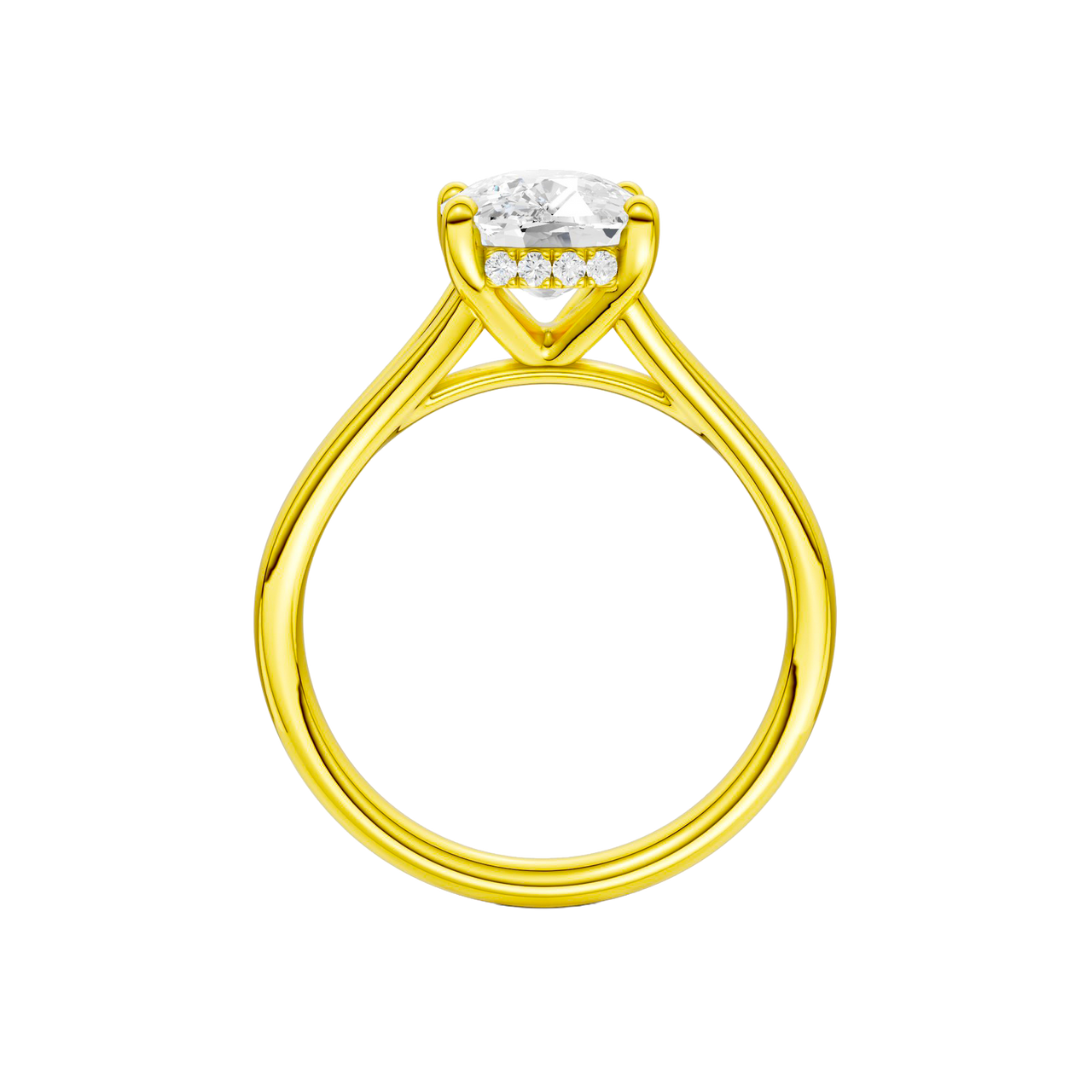 A profile view of the Elongated Cushion cut diamond engagement ring in 14k yellow gold with a plain band and hidden halo setting