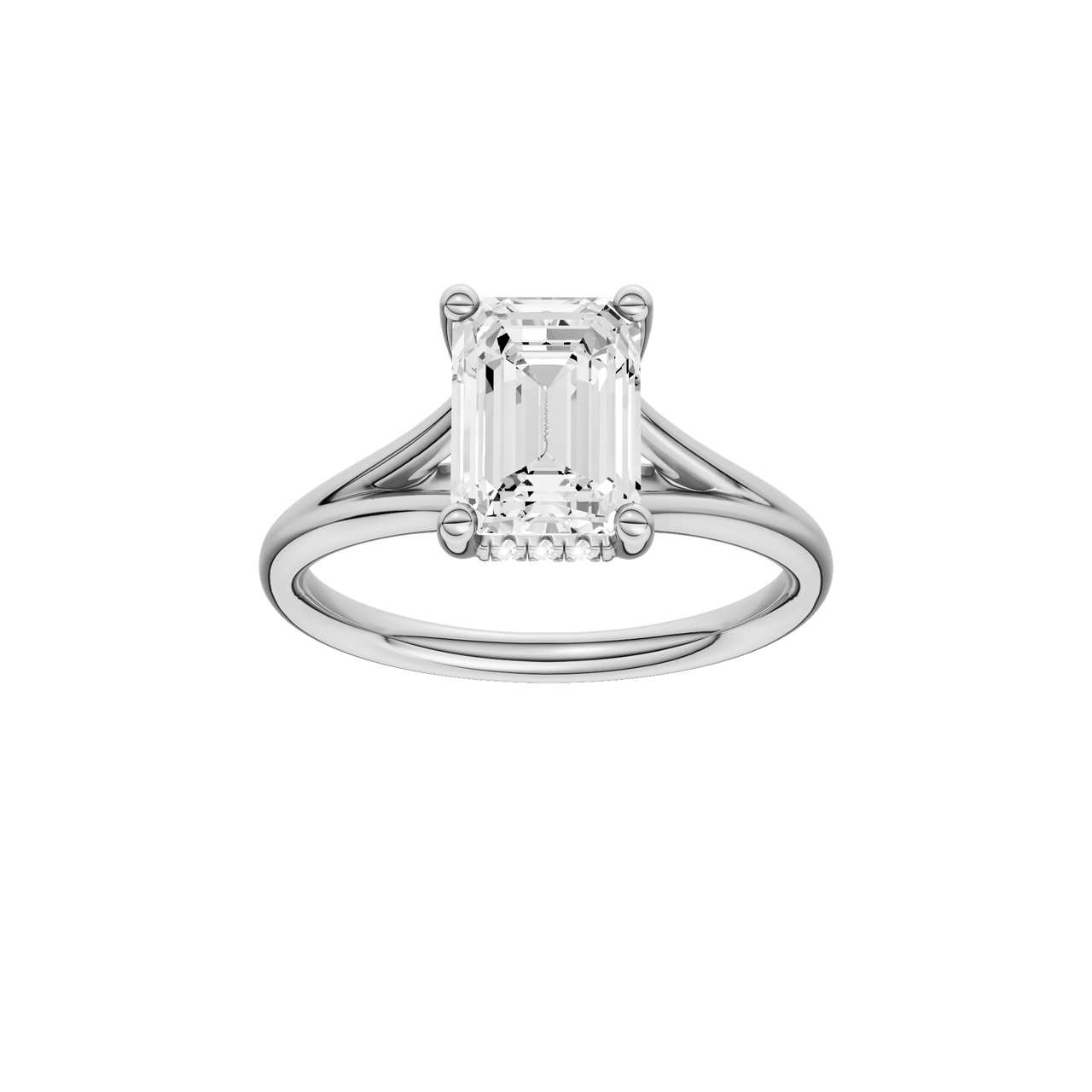 A front view of the Emerald cut diamond engagement ring in platinum with a plain band and hidden halo setting