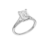 A three-quarter view of the Emerald cut diamond engagement ring in 14k white gold with a plain band and hidden halo setting