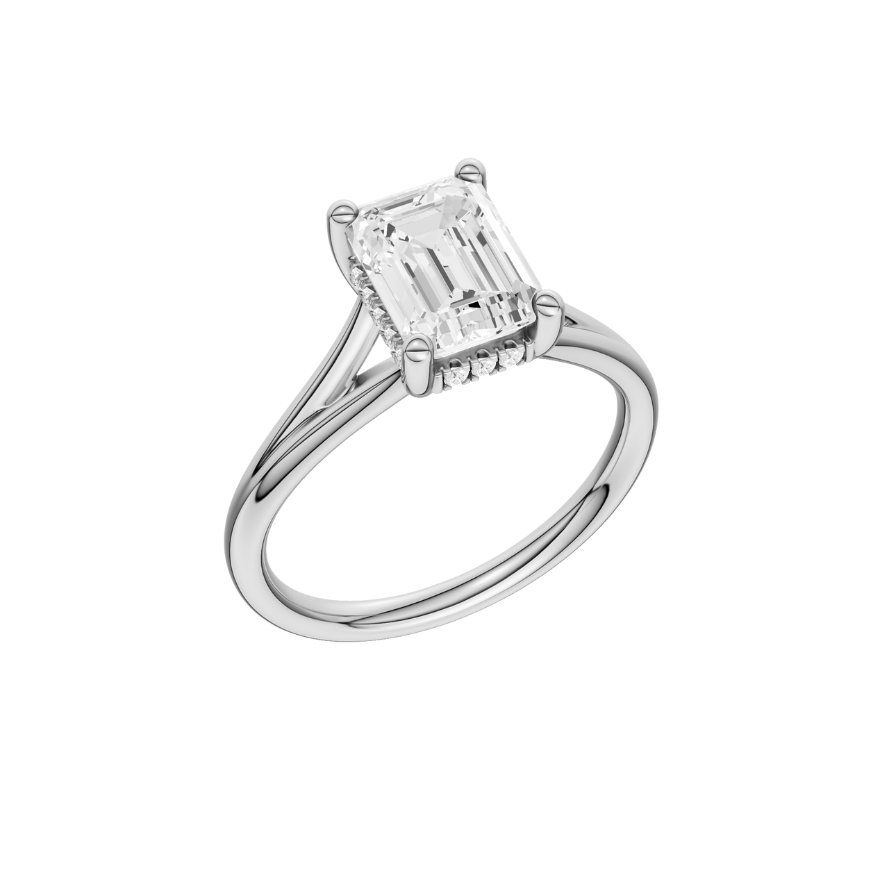 A three-quarter view of the Emerald cut diamond engagement ring in 14k white gold with a plain band and hidden halo setting