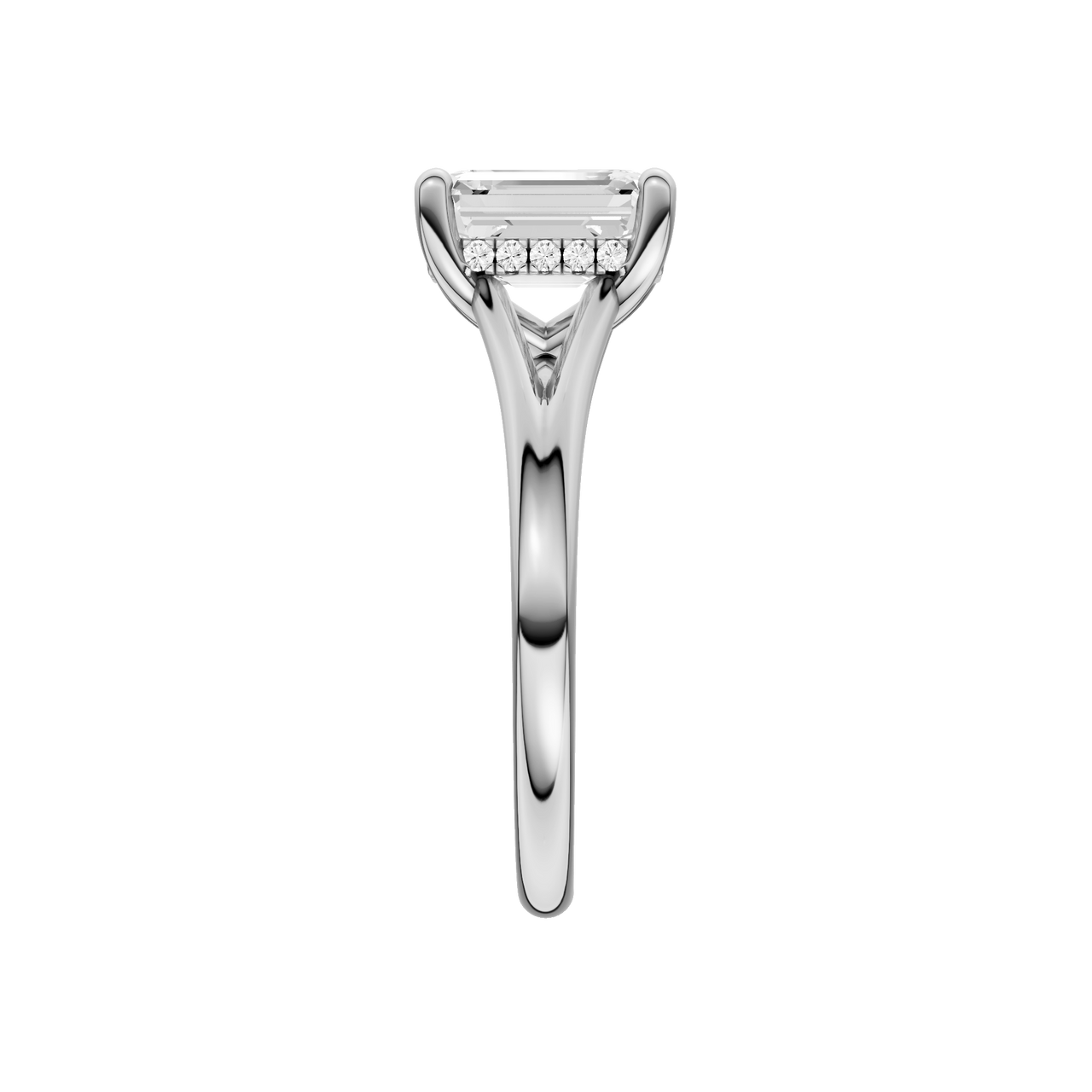 A side view of the Emerald cut diamond engagement ring in platinum with a plain band and hidden halo setting