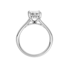 A profile view of the Emerald cut diamond engagement ring in platinum with a plain band and hidden halo setting