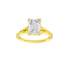 A front view of the Emerald cut diamond engagement ring in 14k yellow gold with a plain band and hidden halo setting