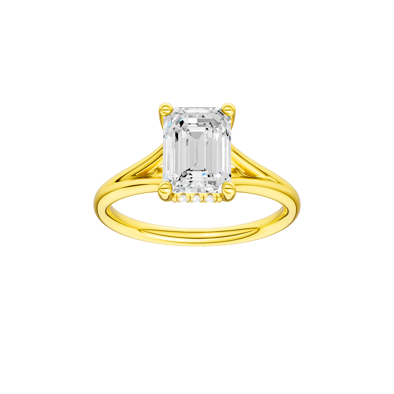 A front view of the Emerald cut diamond engagement ring in 14k yellow gold with a plain band and hidden halo setting