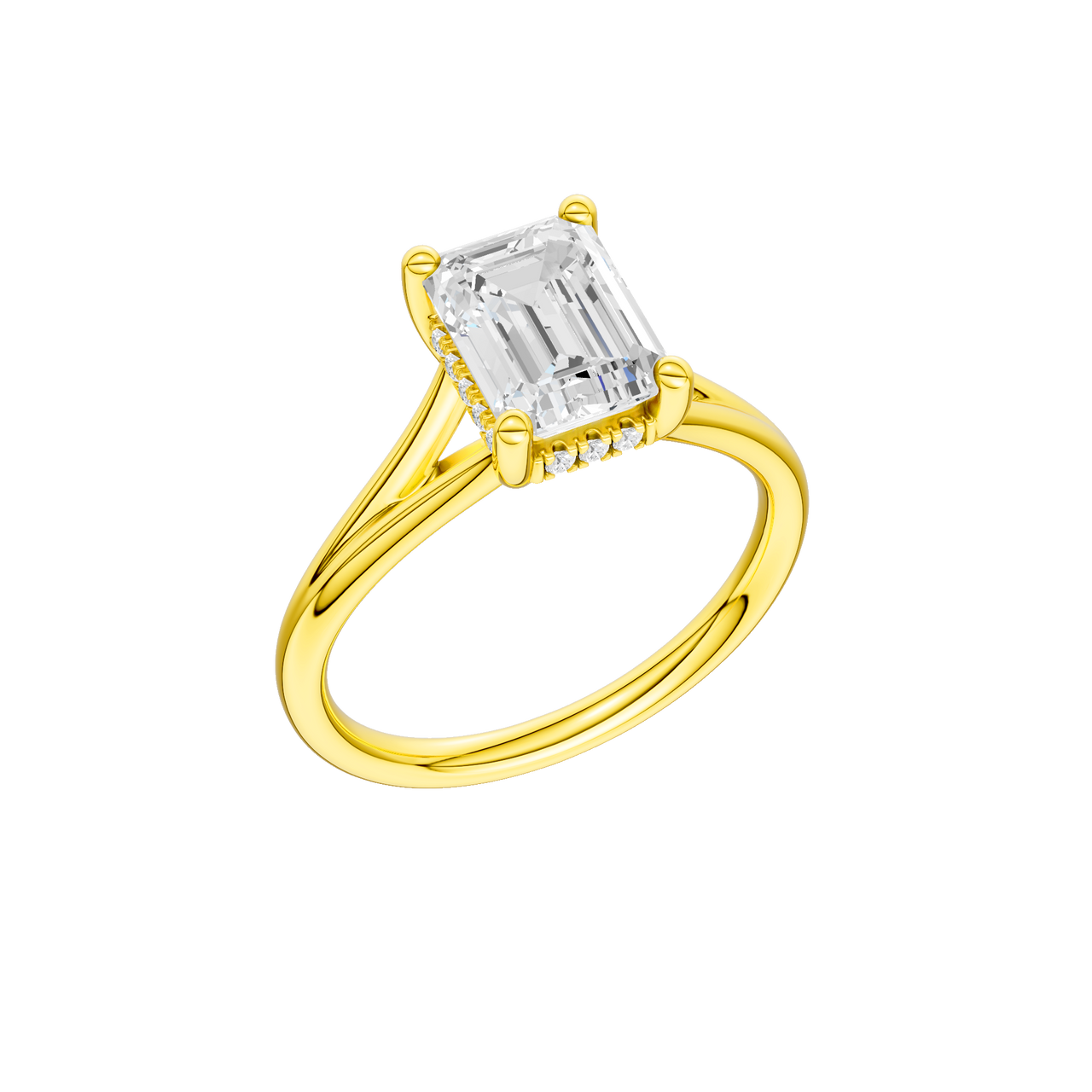 A three-quarter view of the Emerald cut diamond engagement ring in 14k yellow gold with a plain band and hidden halo setting