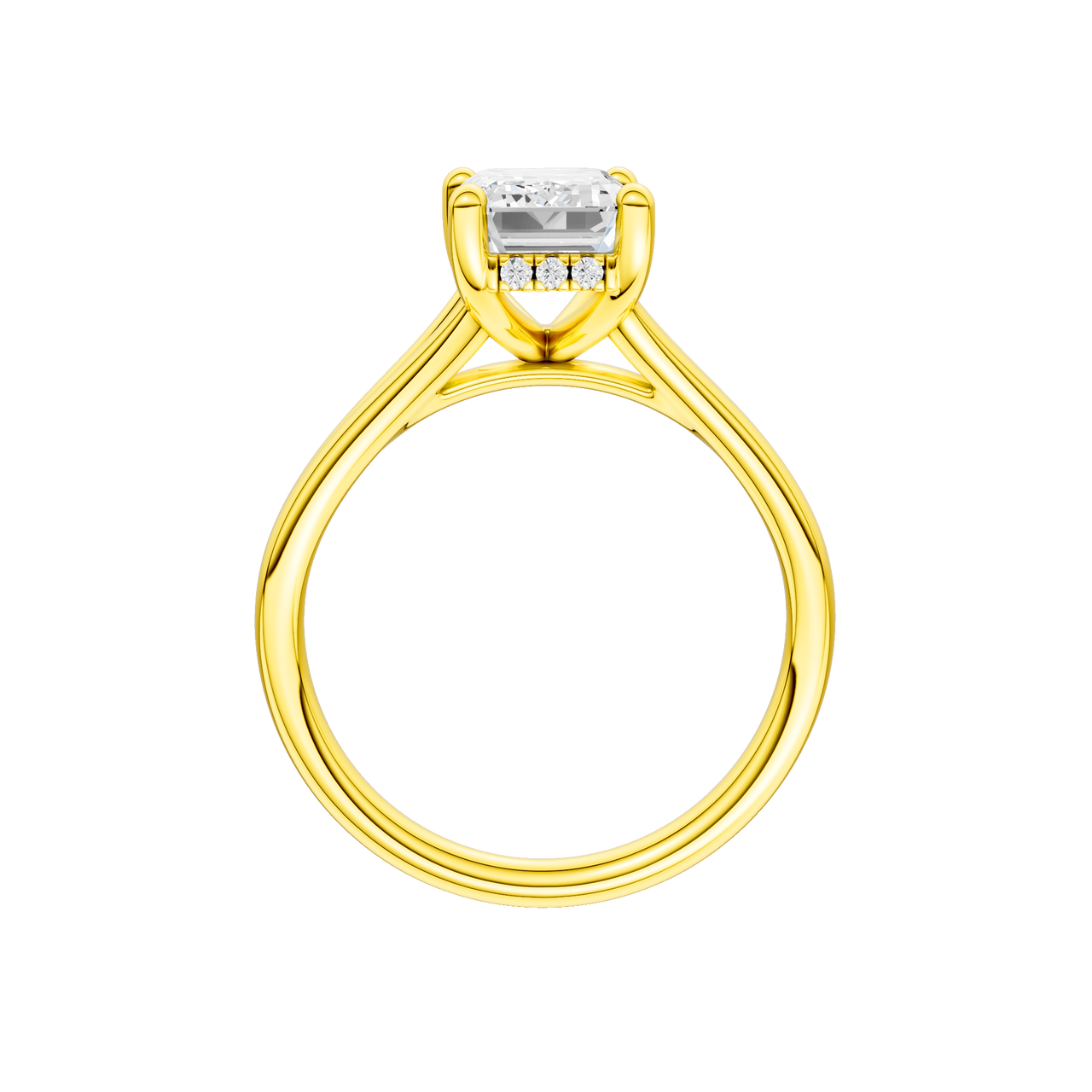 A profile view of the Emerald cut diamond engagement ring in 14k yellow gold with a plain band and hidden halo setting