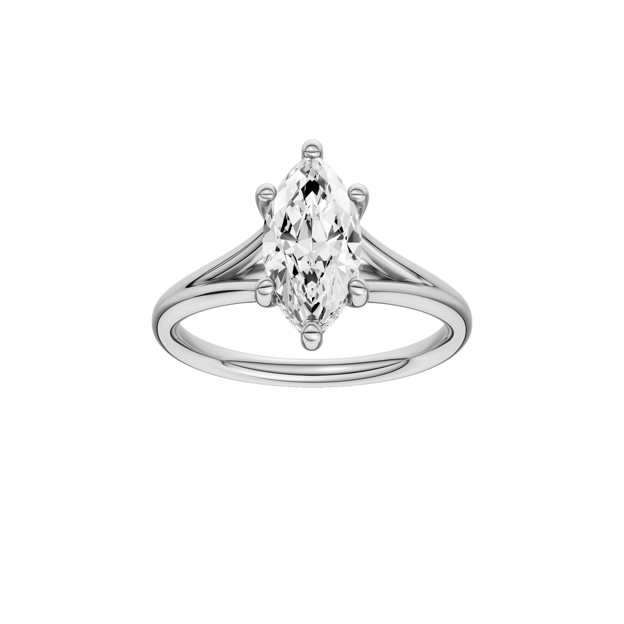 A front view of the Marquise cut diamond engagement ring in 14k white gold with a plain band and hidden halo setting
