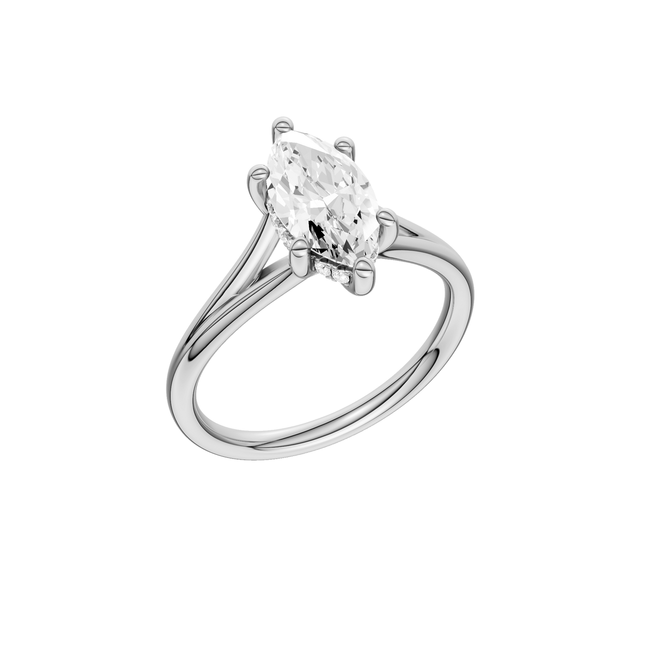 A three-quarter view of the Marquise cut diamond engagement ring in 14k white gold with a plain band and hidden halo setting