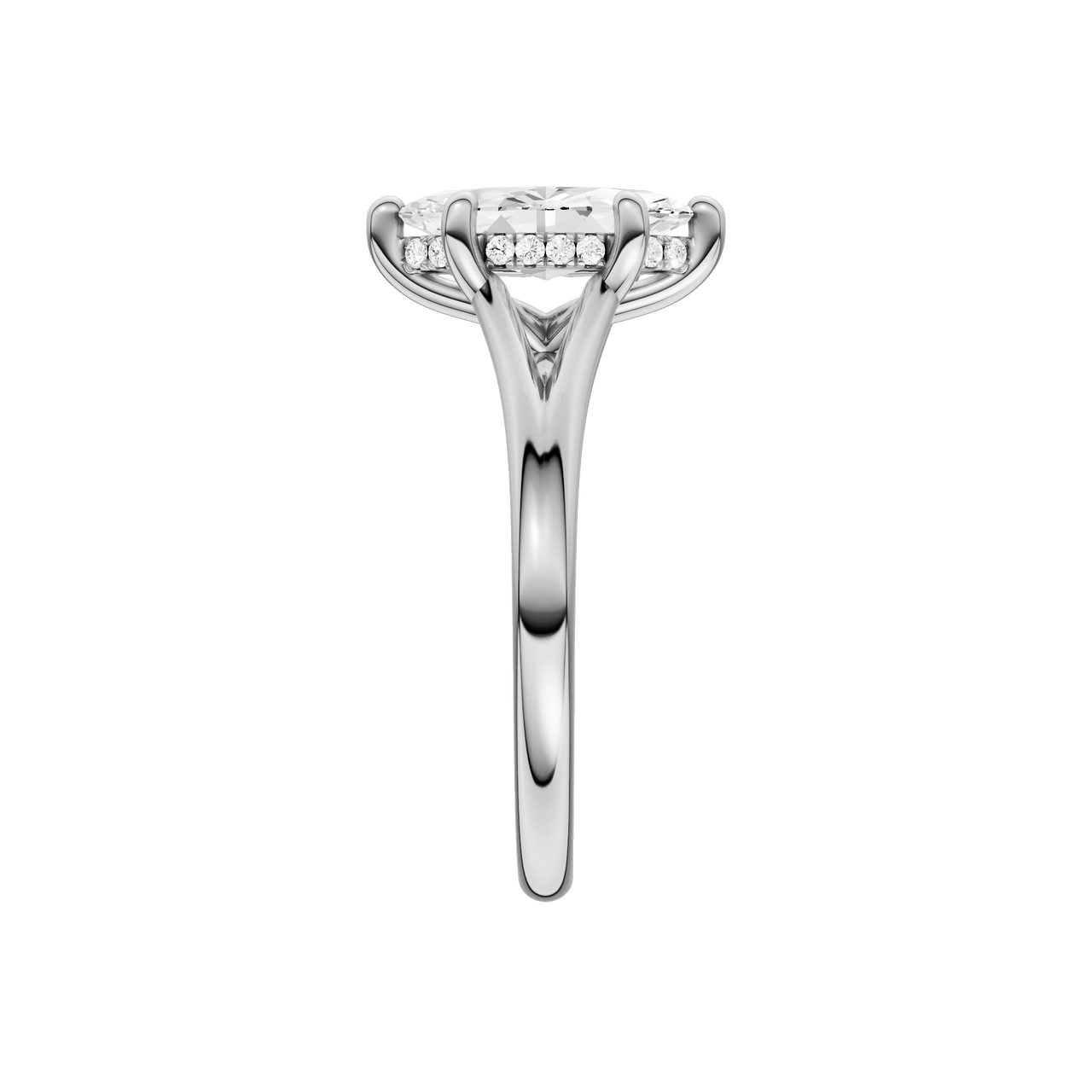 A side view of the Marquise cut diamond engagement ring in platinum with a plain band and hidden halo setting
