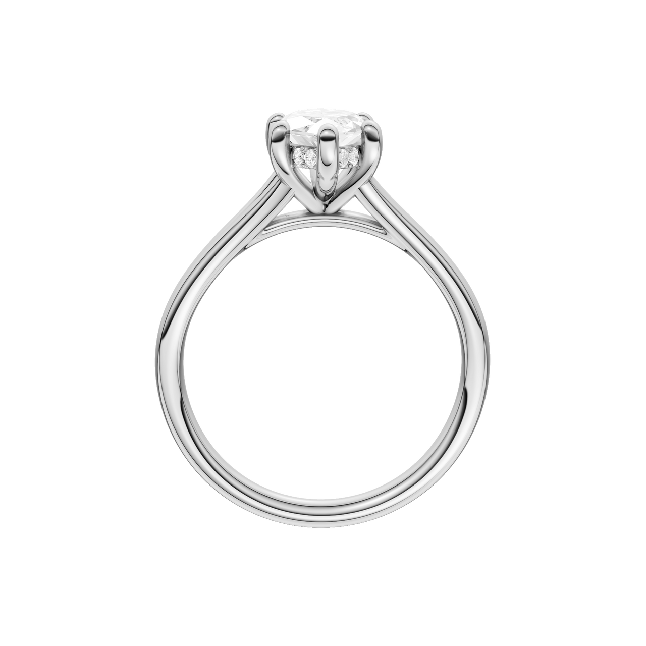 A profile view of the Marquise cut diamond engagement ring in 14k white gold with a plain band and hidden halo setting