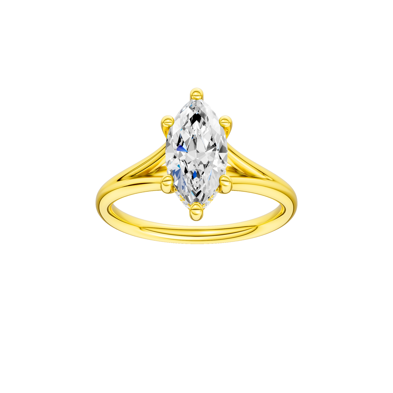 A front view of the Marquise cut diamond engagement ring in 14k yellow gold with a plain band and hidden halo setting