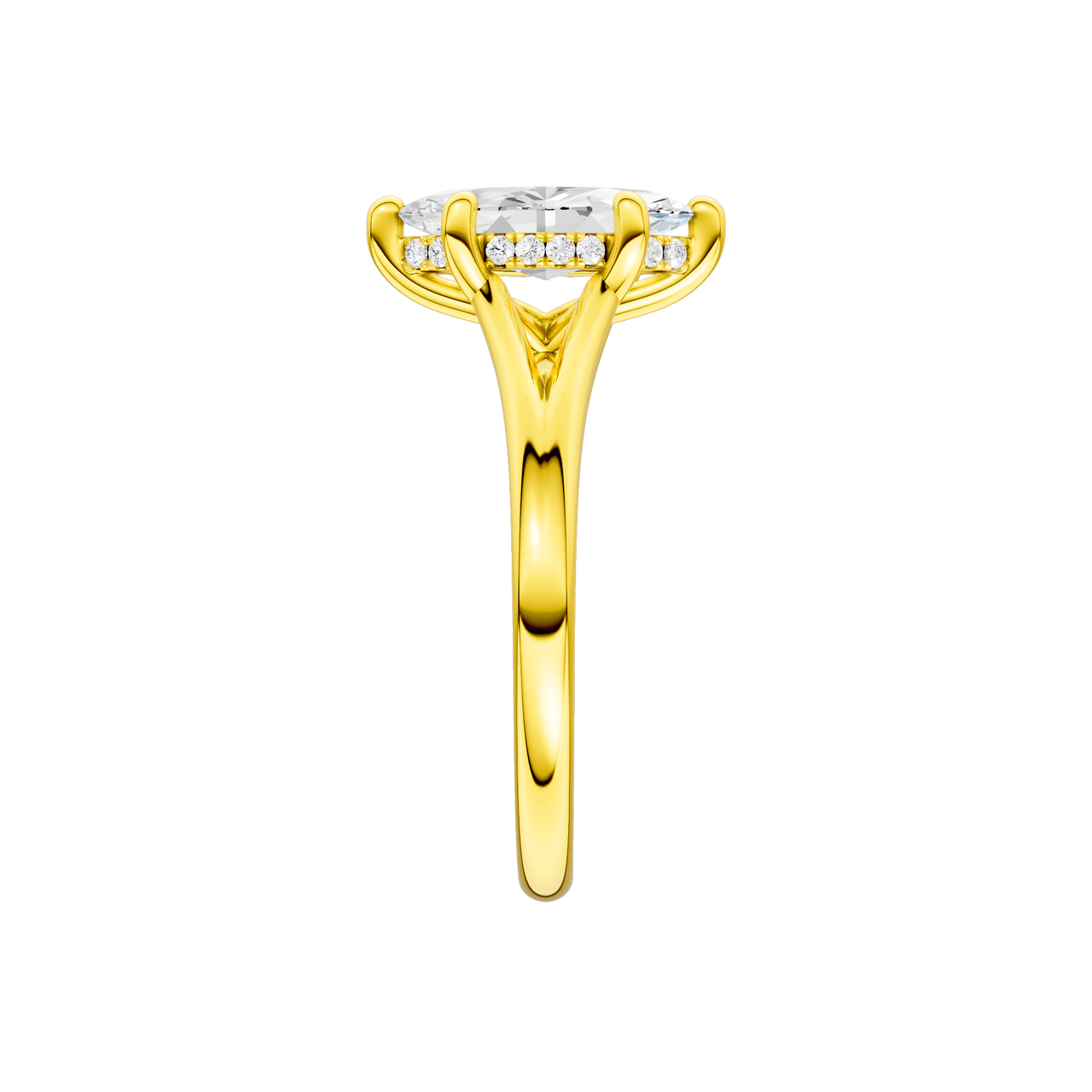 A side view of the Marquise cut diamond engagement ring in 14k yellow gold with a plain band and hidden halo setting