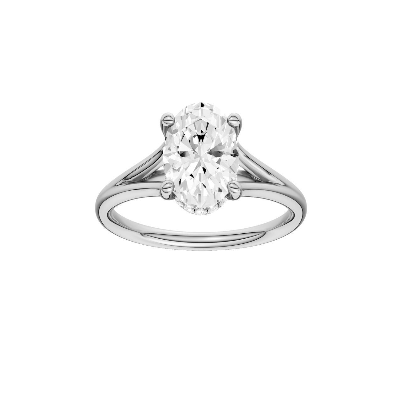 A front view of the Oval cut diamond engagement ring in 14k white gold with a plain band and hidden halo setting